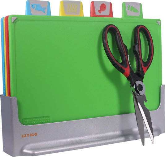 Cutting Board Set: 4-Piece Color-Coded, Non-Slip, BPA-Free, Perfect kitchen essentials for new home, Dishwasher Safe with Premium Scissors and Chopping Board Organizer, Quality kitchen stuff.