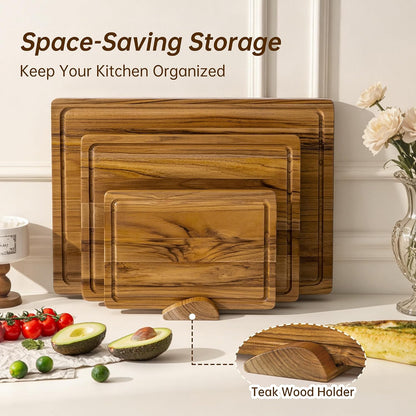 THETCHRY Teak Wood Cutting Board Set of 3 Wooden Cutting Boards for Kitchen | Premium Teak Wood • FSC Certified • Deep Juice Groove • Built-In Handles • Non-Slip Feet • 3 Practical Sizes • Gift-Ready Box