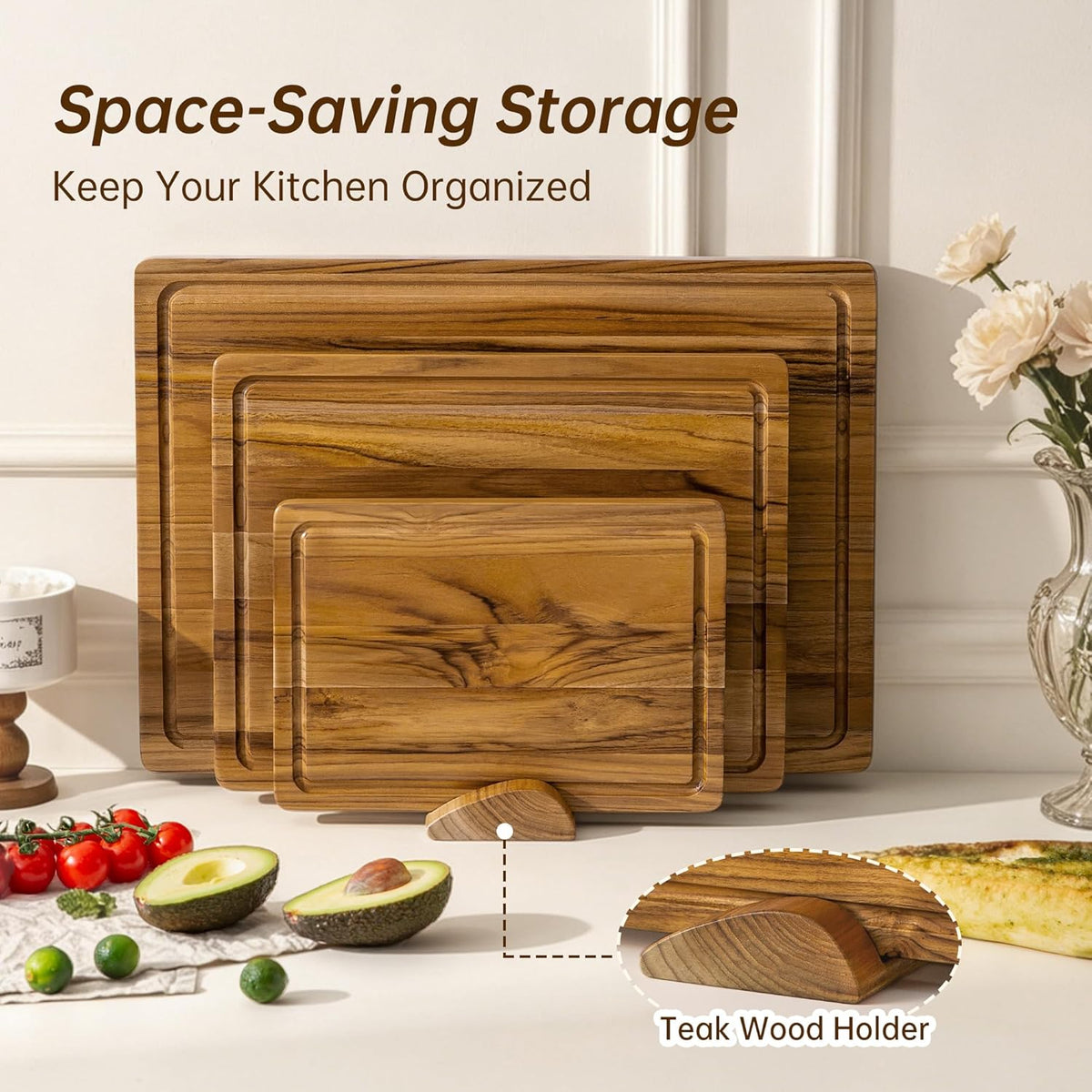 THETCHRY Teak Wood Cutting Board Set of 3 Wooden Cutting Boards for Kitchen | Premium Teak Wood • FSC Certified • Deep Juice Groove • Built-In Handles • Non-Slip Feet • 3 Practical Sizes • Gift-Ready Box