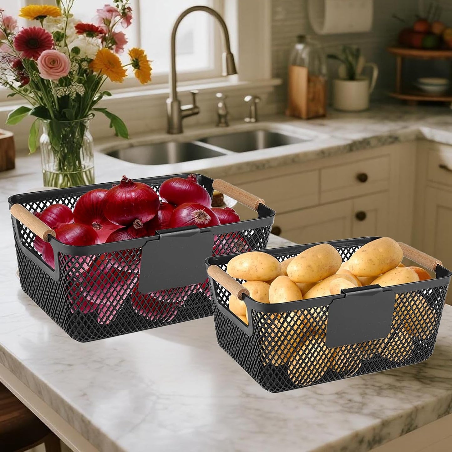 Onion and Potato Storage Baskets,A set of 2 Wooden Handle storage Basket Stackable Plastic Pantry Bins, Multifunctional Organizers for Kitchen, Countertop, and More Vegetable Storage Box (Black-2pack)