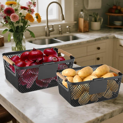 Onion and Potato Storage Baskets,A set of 2 Wooden Handle storage Basket Stackable Plastic Pantry Bins, Multifunctional Organizers for Kitchen, Countertop, and More Vegetable Storage Box (Black-2pack)