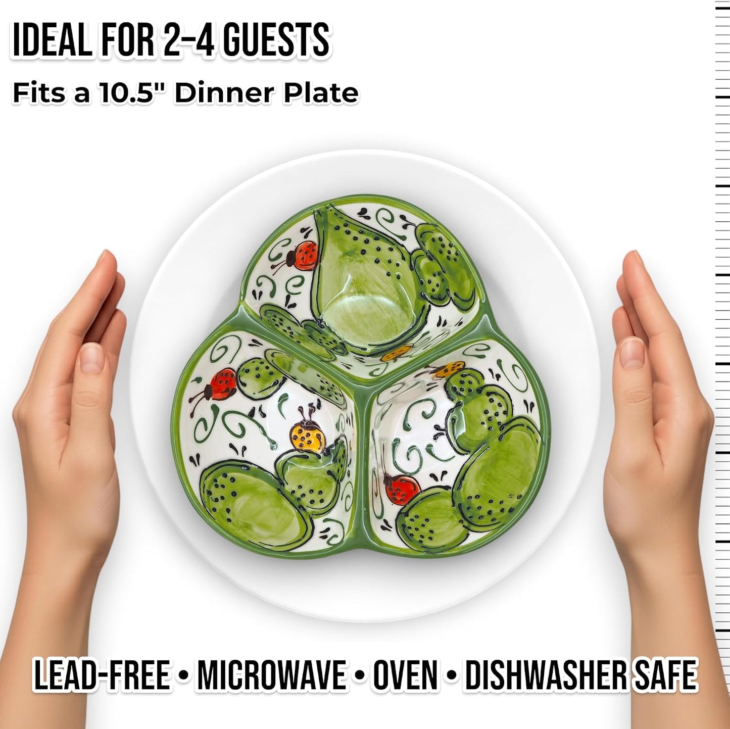 Ceramic Chip & Dip Bowl 7.5”, 3-Compartment Divided Serving Dish & Condiment Tray for Appetizers – Handmade in Spain, Lead-Free Glaze, Microwave, Oven & Dishwasher Safe