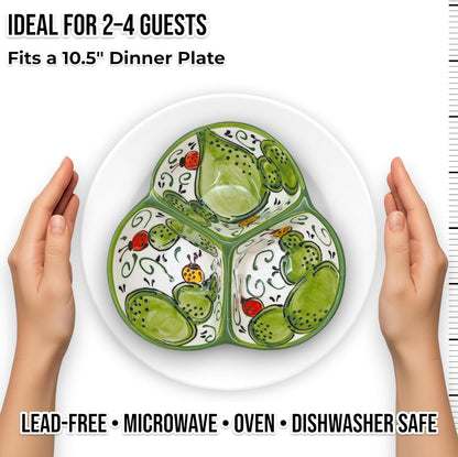 Ceramic Chip & Dip Bowl 7.5”, 3-Compartment Divided Serving Dish & Condiment Tray for Appetizers – Handmade in Spain, Lead-Free Glaze, Microwave, Oven & Dishwasher Safe