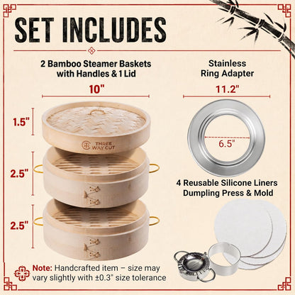 Bamboo Steamer Basket 10 Inch Extra Deep Easy Lift Handles Dumpling Steamer