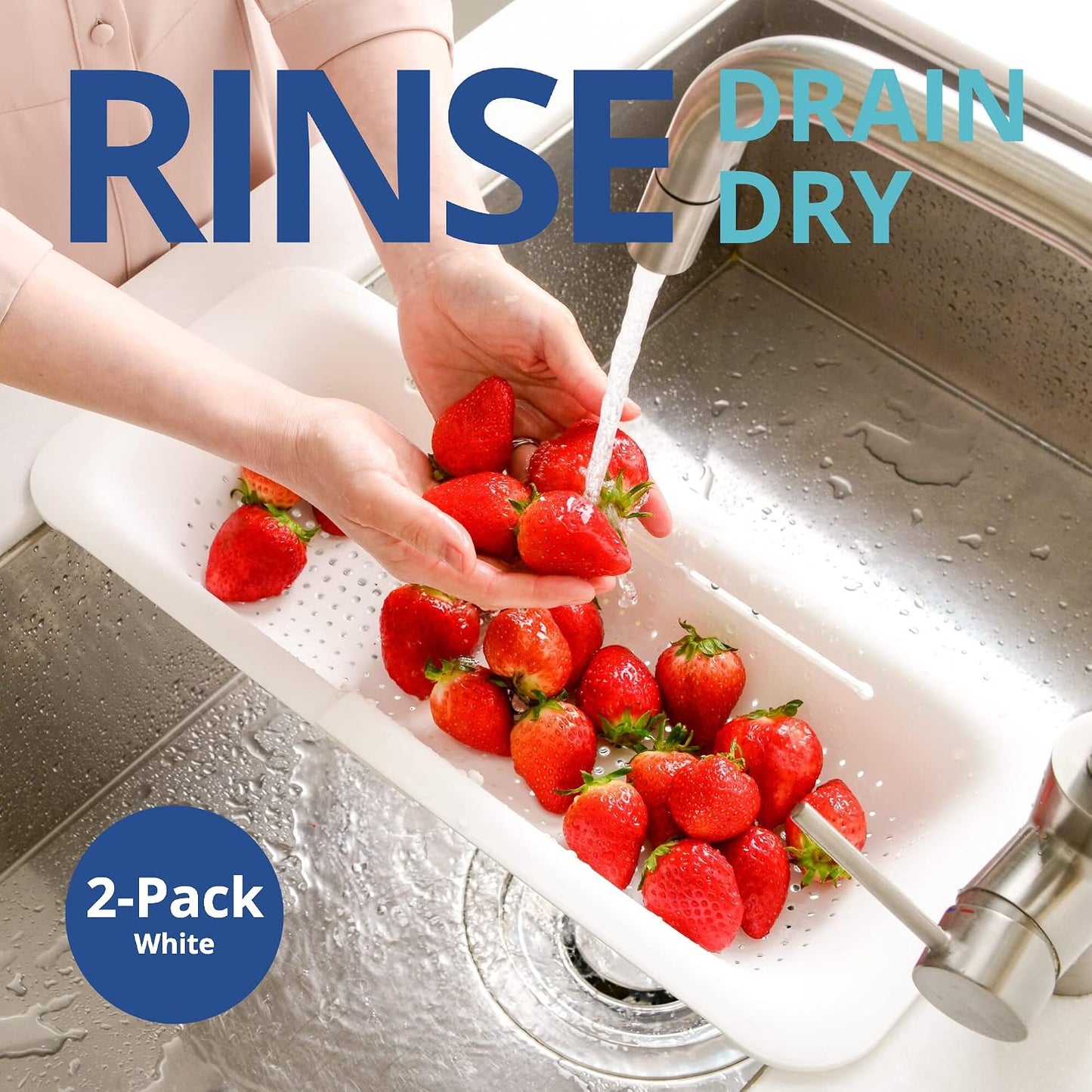 BLUE GINKGO Over the Sink Colander Strainer Basket - Wash Vegetables and Fruits, Drain Cooked Pasta and Dry Dishes - Extendable - New Home Kitchen Essentials (Grey, 1 Pack)