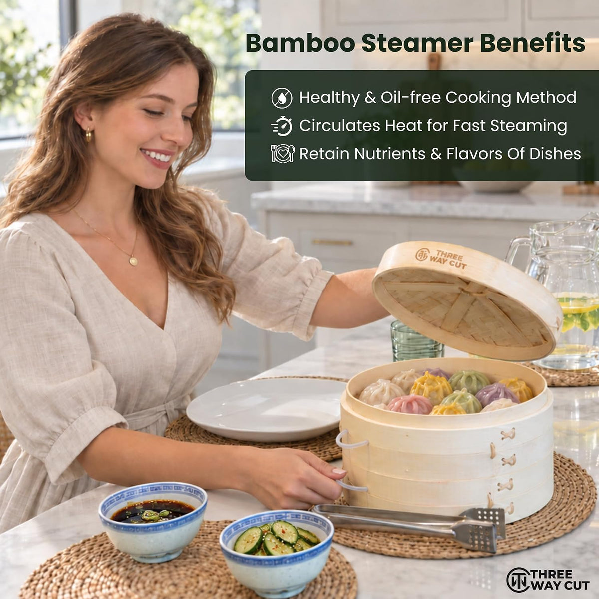 Bamboo Steamer Basket 10 Inch Extra Deep Easy Lift Handles Dumpling Steamer