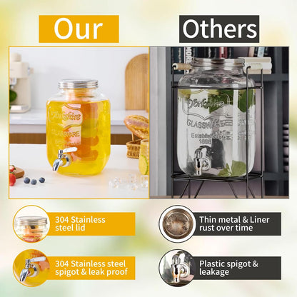1 Gallon Glass Beverage Dispenser Set of 2 with Stand & Fruit Infuser, Stainless Steel Spigot, Beverage Dispenser for Parties, Weddings, BBQs, Lemonade, Sun Tea, Juice & Cold Drinks