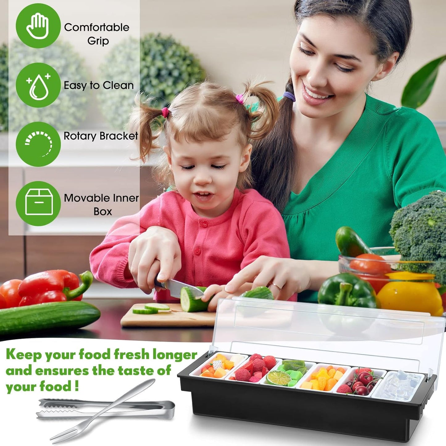2 Ice Cooled Garnish Tray Deck Bar Garnish Caddy Condiment Containers with Lids and Removable Chilled Condiment Server with 6 Tongs and 6 Fruit Forks (6 Compartments)