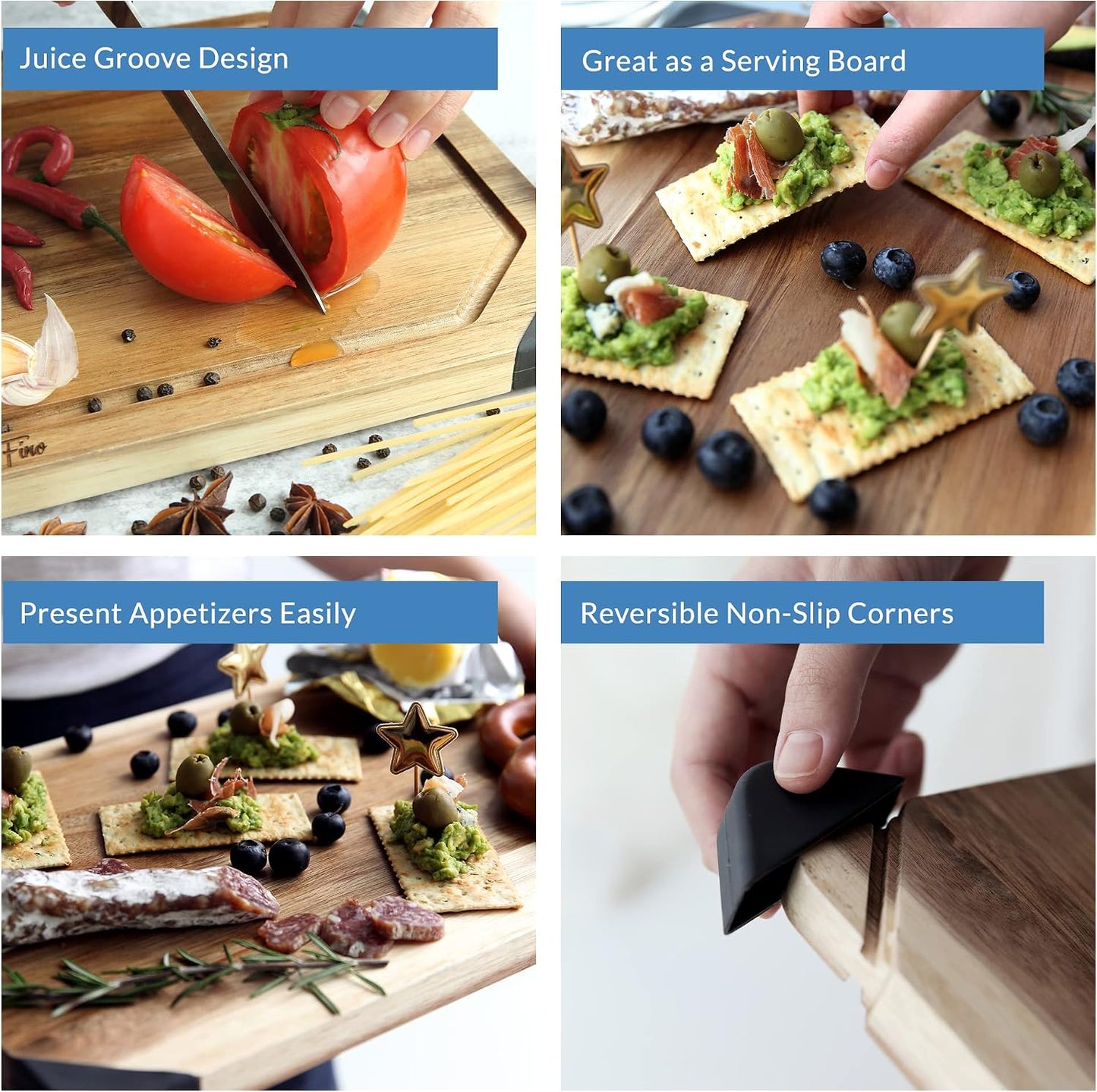 PortoFino Acacia Wood Cutting Board, 2-in-1 Reversible Cutting Board, Charcuterie Board, Premium Wood Serving Board, Built-In Juice Grooves, Non-slip Silicone Corners, Kitchen Gifts