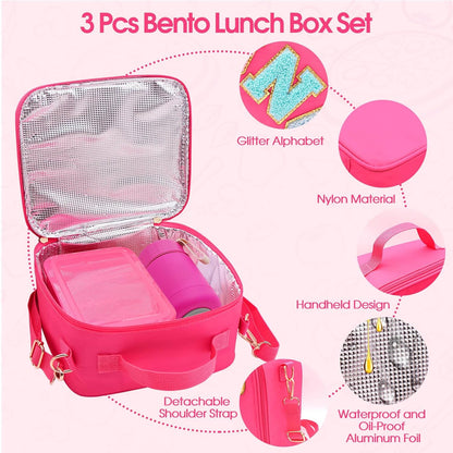 Insulated Lunch Bag for Boys Girls with 10oz Thermo, with 6 Compartment Bento Box, Black Nylon Preppy Lunch Box Adjustable Strap for Boy Girl Kids Teens School Travel Picnic