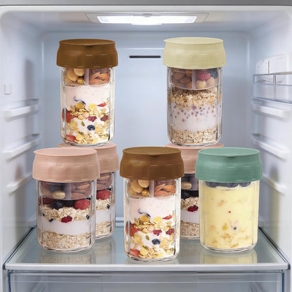 Overnight Oats Containers with Lids, 4 Pack 16 Oz Glass Mason Jars - Leakproof Meal Prep Jars, Separate Compartment, Folding Spoon, Yogurt Parfait Cups, Stackable, BPA Free