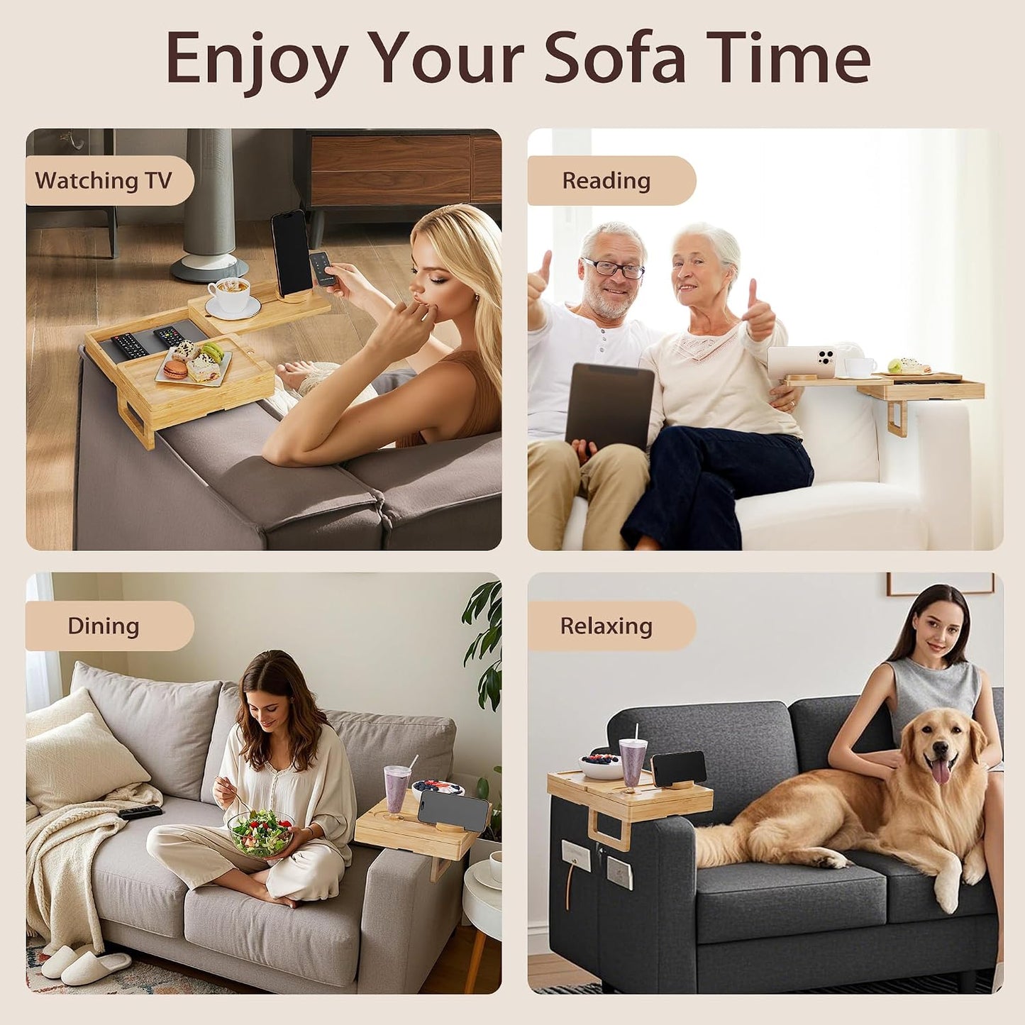 Bamboo Couch Arm Tray, 2 Rotating Trays with 360° Phone Holder & Storage Box, Natural Adjustable Clip On Sofa Table for Snacks, Drinks, Fits Wide Armrests (Up to 10")