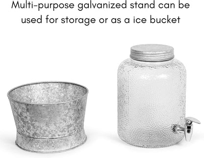 BIRDROCK HOME 2.5 Gallon Pebbled Glass Beverage Dispenser w/Galvanized Stand - Spigot - Large Jar for Water, Lemonade, Sangria, Iced Tea, Punch, Cocktail Drinks - Mason Style Jug for Parties