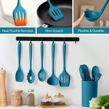 LIANYU 14 Pcs Silicone Kitchen Utensils Set with Holder, 446°F Heat Resistant Silicone Cooking Kitchen Utensils Spatula Set, Non-Stick & Dishwasher Safe Cooking Tools, Comfort Grip Handle, Black