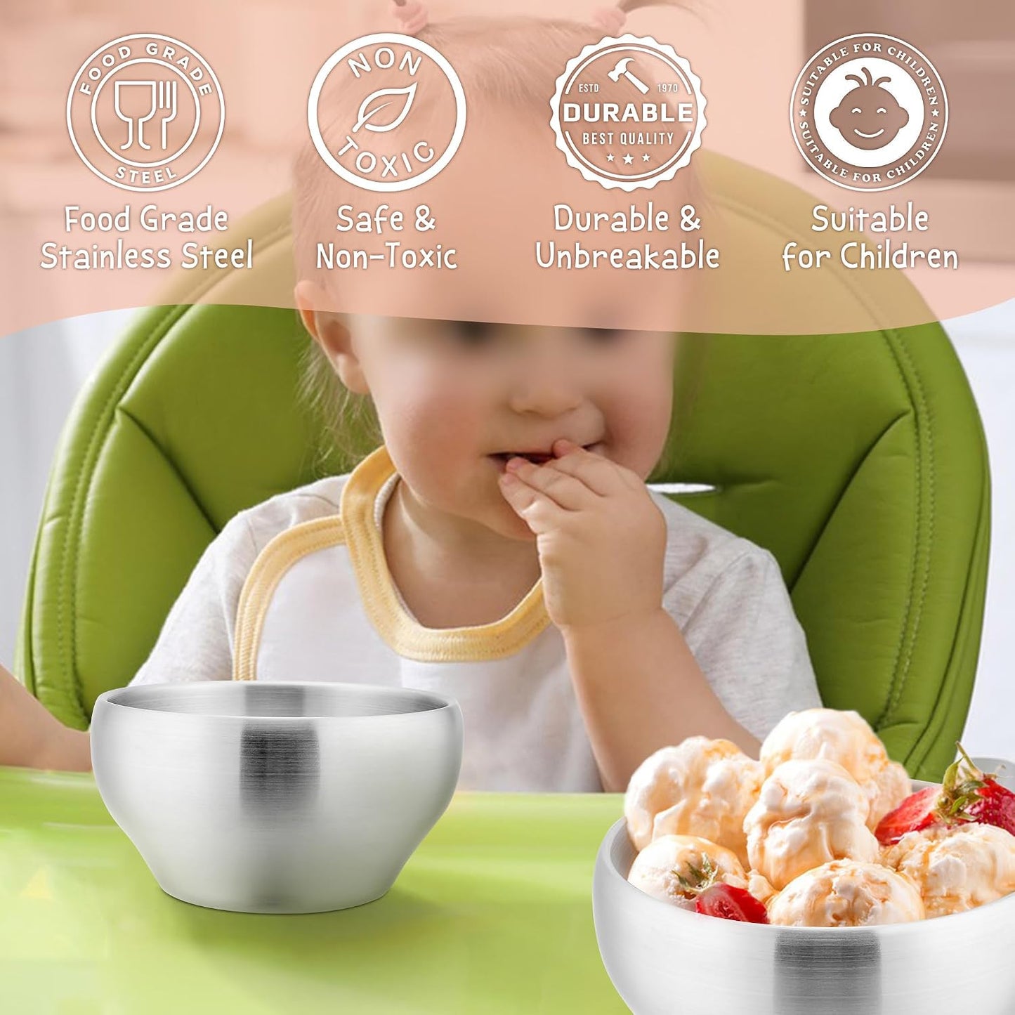 E-far Stainless Steel Bowls for Kids-6 Pack, 12OZ Double Walled Baby Toddler Bowls for Baby Food/Cereal/Snack, 18/10 Non-Toxic Metal & Unbreakable, Dishwasher Safe