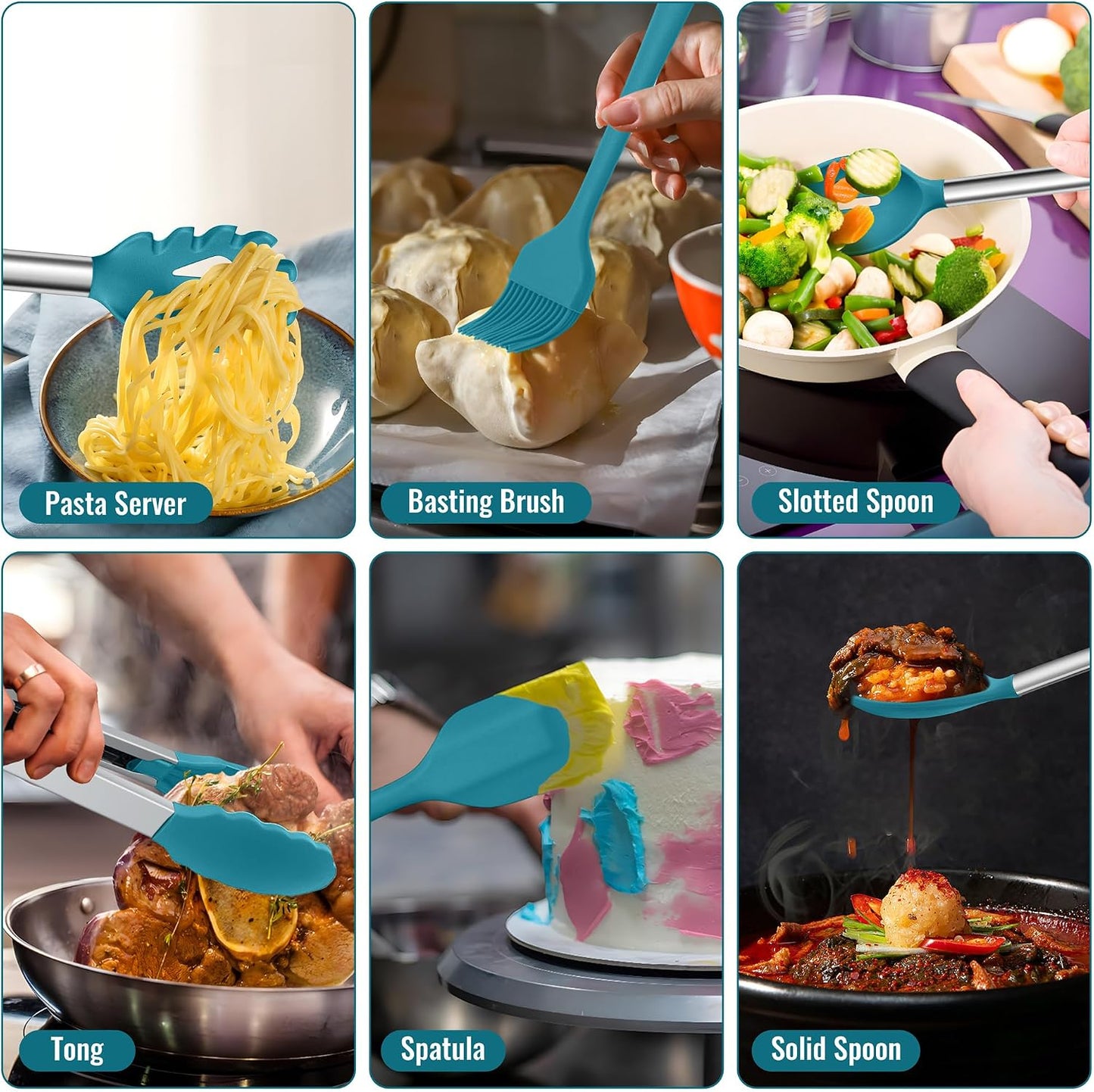 E-far 14 Pieces Silicone Cooking Utensils Set, Kitchen Utensils Set with Holder, Spatula, Ladle, Spoon, Tong, Slotted Turner for Nonstick Cookware, Heat Resistant & Stainless Steel Handle, Black