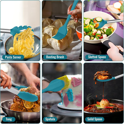 E-far 14 Pieces Silicone Cooking Utensils Set, Kitchen Utensils Set with Holder, Spatula, Ladle, Spoon, Tong, Slotted Turner for Nonstick Cookware, Heat Resistant & Stainless Steel Handle, Black