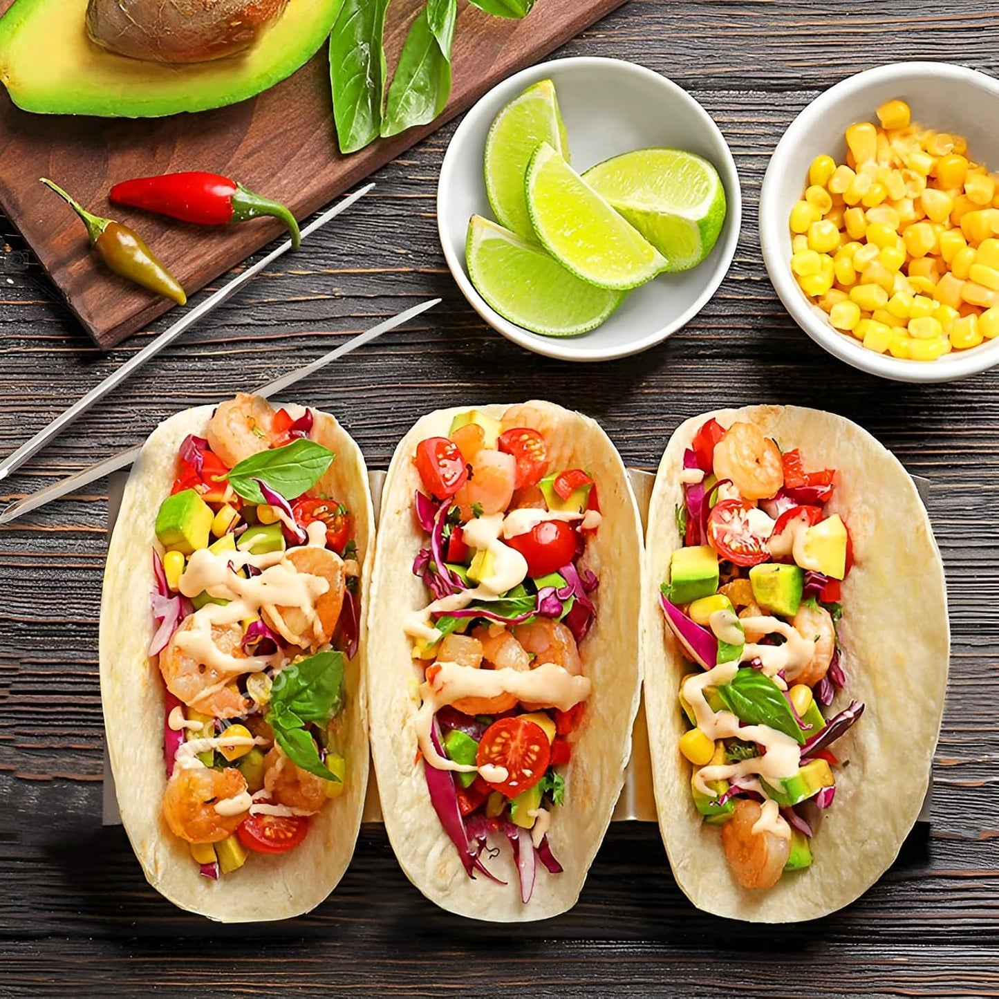 Taco Holder Stand Set of 2 - Stainless Steel Taco Shell Rack Holder with Serving Tray - Each Can Hold 3 Tortillas Stylish with Sauce Cup