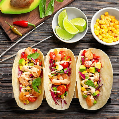 Taco Holder Stand Set of 2 - Stainless Steel Taco Shell Rack Holder with Serving Tray - Each Can Hold 3 Tortillas Stylish with Sauce Cup