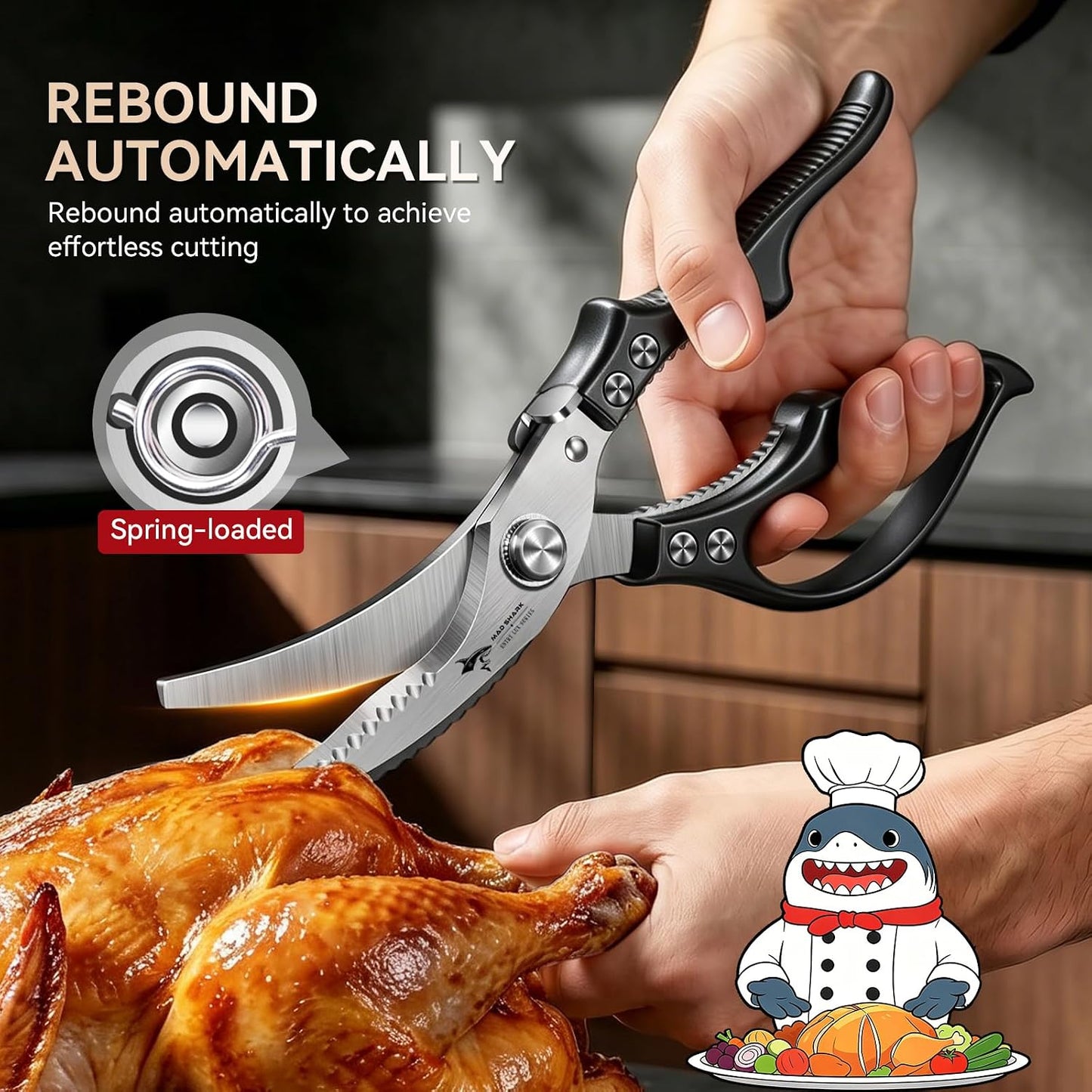 MAD SHARK Heavy Duty Poultry Shears, Kitchen Shears with Non-Slip Handle & Safety Lock, All Purpose Kitchen Scissors for Chicken, Meat Cutting, Turkey, Fish, Vegetables, Spring Loaded, Dishwasher Safe