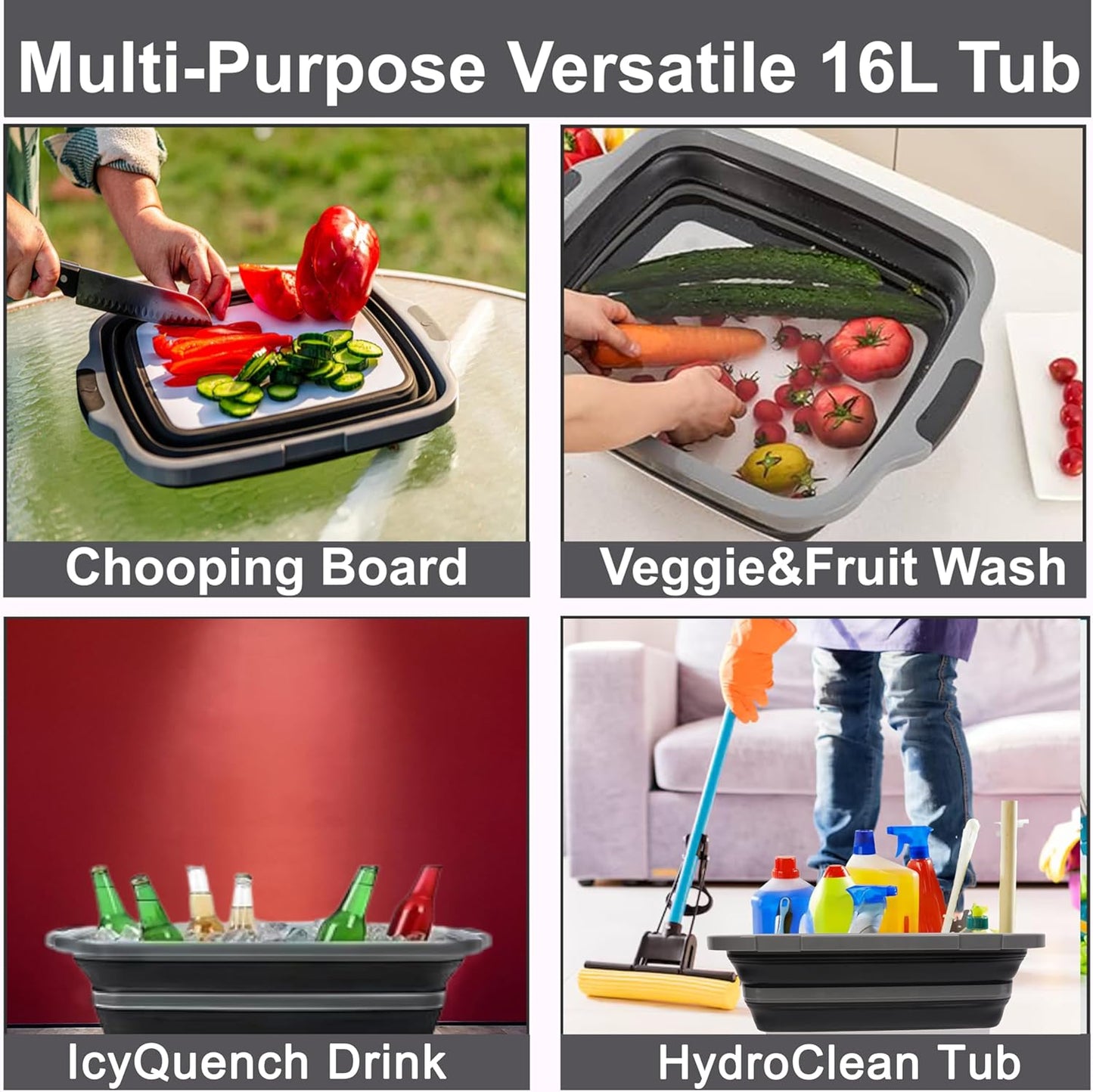 Collapsible BBQ Prep Tub 8L Black | Portable Meat Marinating Container with Locking Cutting Board Lid, BBQ Tongs, 2 Meat Shredding Claws & 2 Heat-Resistant Grill Gloves for Camping & Grilling