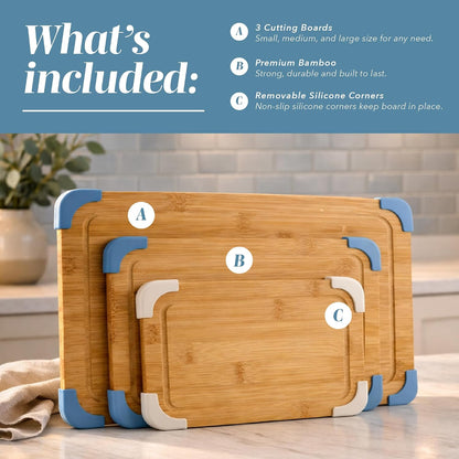 COOK WITH COLOR Non-Slip Cutting Board Set – Kitchen Essentials with Easy Grip Handle for Meat, Veggies, and Fruits, 3 Cutting Boards, Bamboo Non-Slip Grey