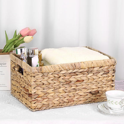 Hipiwe Water Hyacinth Storage Basket Bin Handwoven Decorative Basket Large Wicker Baskets Box with Handles Open Storage Bin Rectangular Baskets Containers for Shelf Pantry Organizing