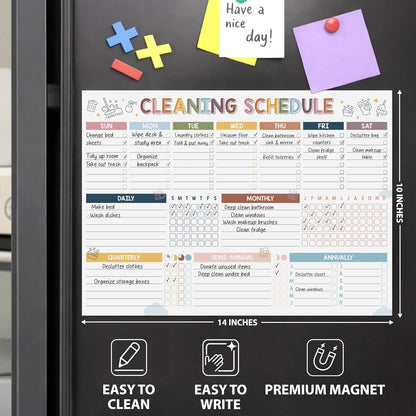 Magnetic Cleaning Schedule and Checklist Dry Erase Board - Reusable Cleaning Schedule for Home, Kitchen & Bathroom | Weekly & Monthly Chore Chart for Adults, Strong Magnet, Easy Erase