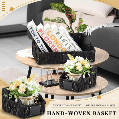 Wonderjune 4 Pcs Water Hyacinth Storage Basket Set Boho Wicker Rattan Pantry Basket with Chalkboard Label Handles Woven Container Kitchen Laundry Large Small for Shelves Food Home Bathroom Decor