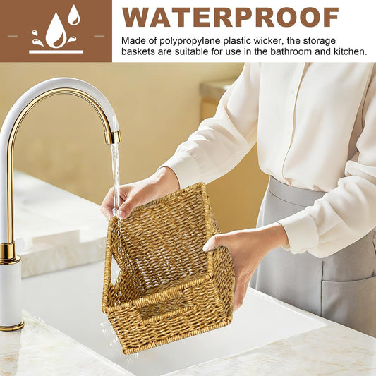 Pantry Baskets for Organizing, Waterproof Wicker Basket with Handles, Trapezoid Woven Baskets for Shelves，Bedroom, Laundry Room,Tan