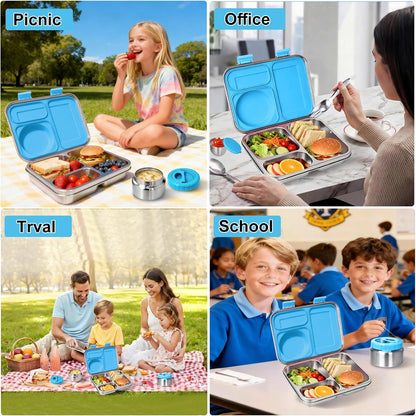 Stainless Steel Bento Lunch Box：7+ Older Kids，Teens ＆ Adult with Insulated Food Jar,Leakproof 3-Compartment,BPA-Free, Eco-Friendly,Dishwasher Safe, Large-Capacity Box, School,Office,Travel （Blue)