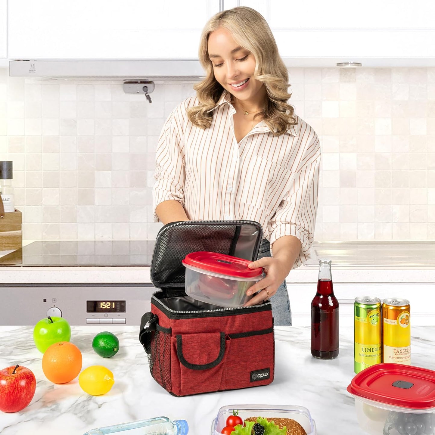 opux Insulated Lunch Bag for Men Women, Leakproof Black Lunch Box for Work, Portable Soft Lunch Cooler Bag with Shoulder Strap, Adult Lunchbox Lunch Pail for Kid Boy Girl School, 14 Can/8L