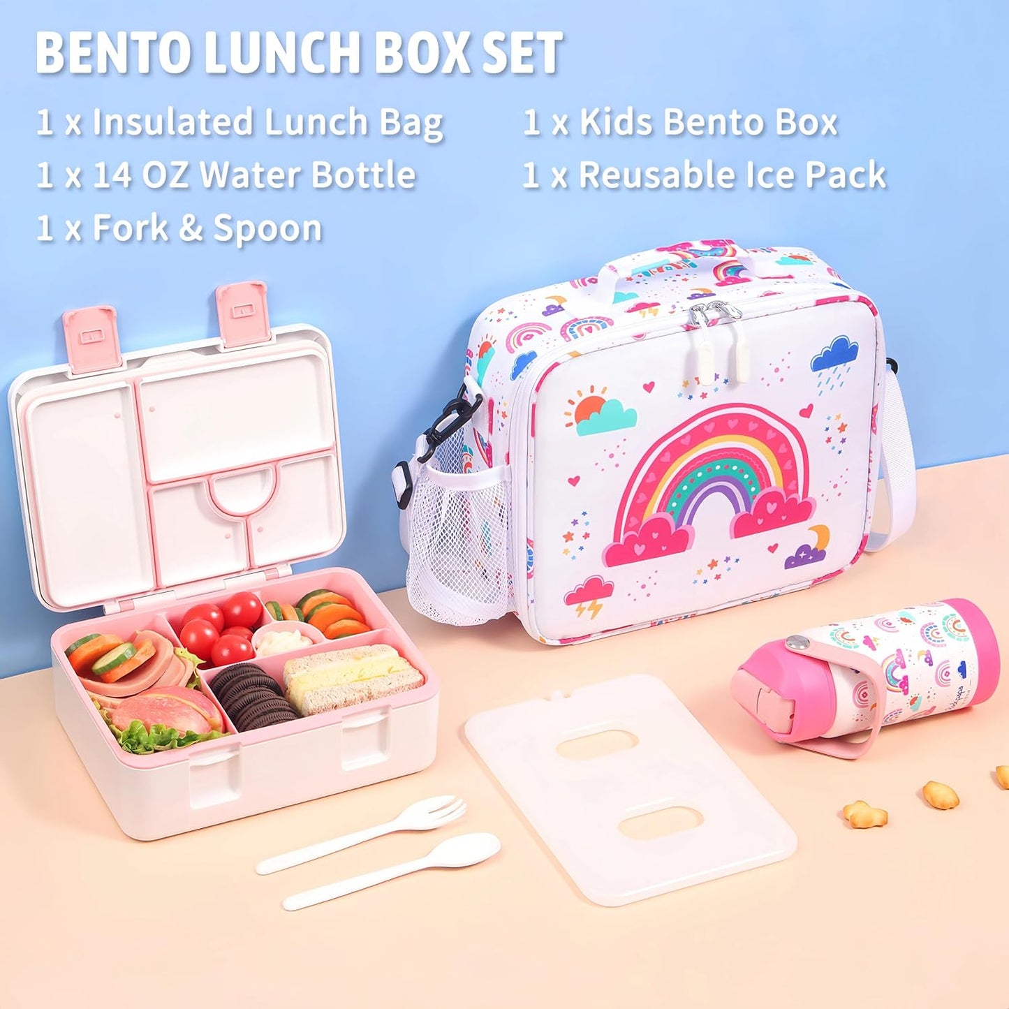 rockpapa Chill Kids Lunch Box Set with Leakproof 5.5 Cups Bento Box, Reusable Ice Pack, 14oz Insulated Water Bottle & Lunch Bag, BPA-Free Microwave Safe for School Boys Girls (Black Games)