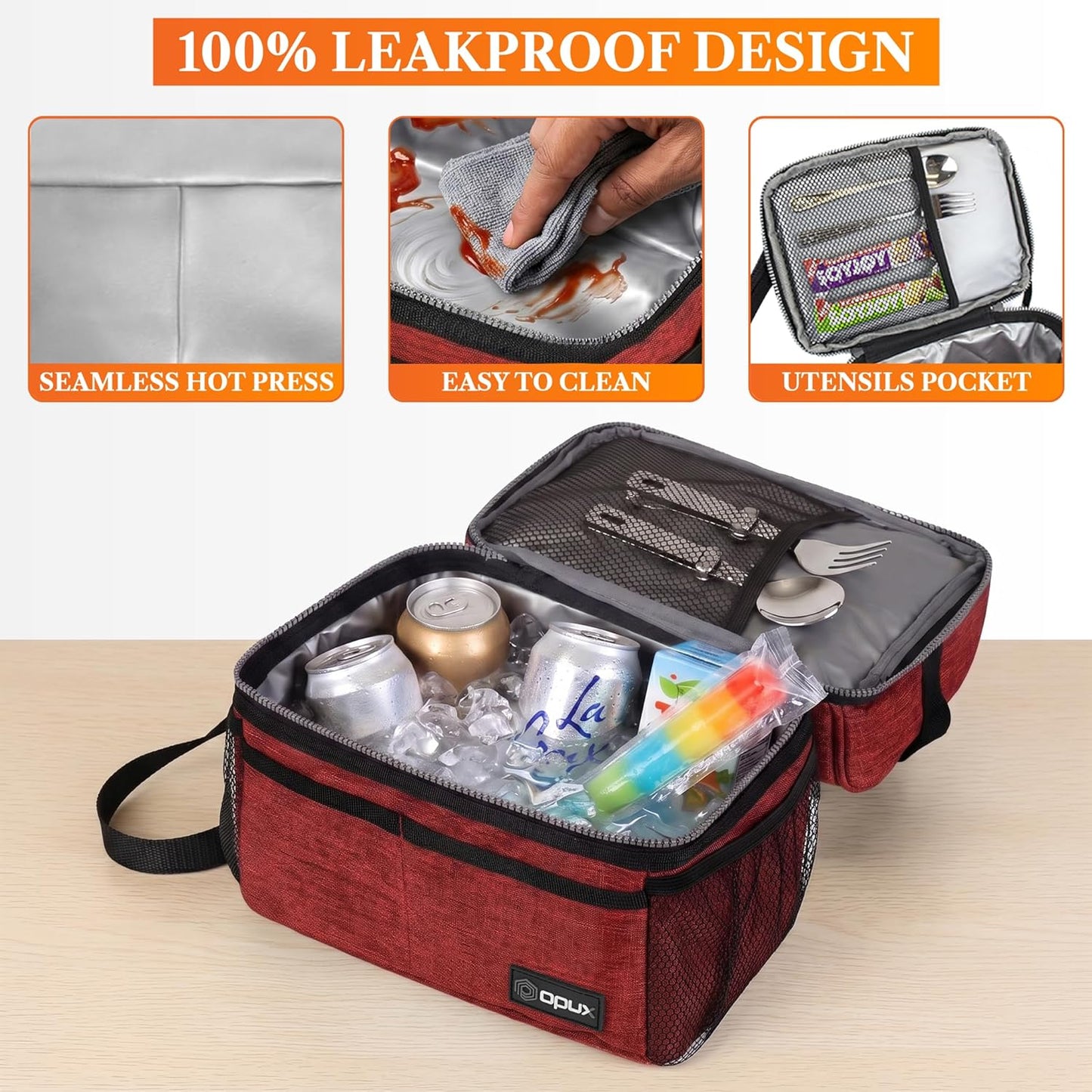 opux Insulated Lunch Bag for Men Women, Double Decker Leakproof Lunch Box Cooler Tote with Shoulder Strap, Large Lunchbox for Work School Travel Meal Prep, Adults Kids Boys Girls, Green, 16 Cans