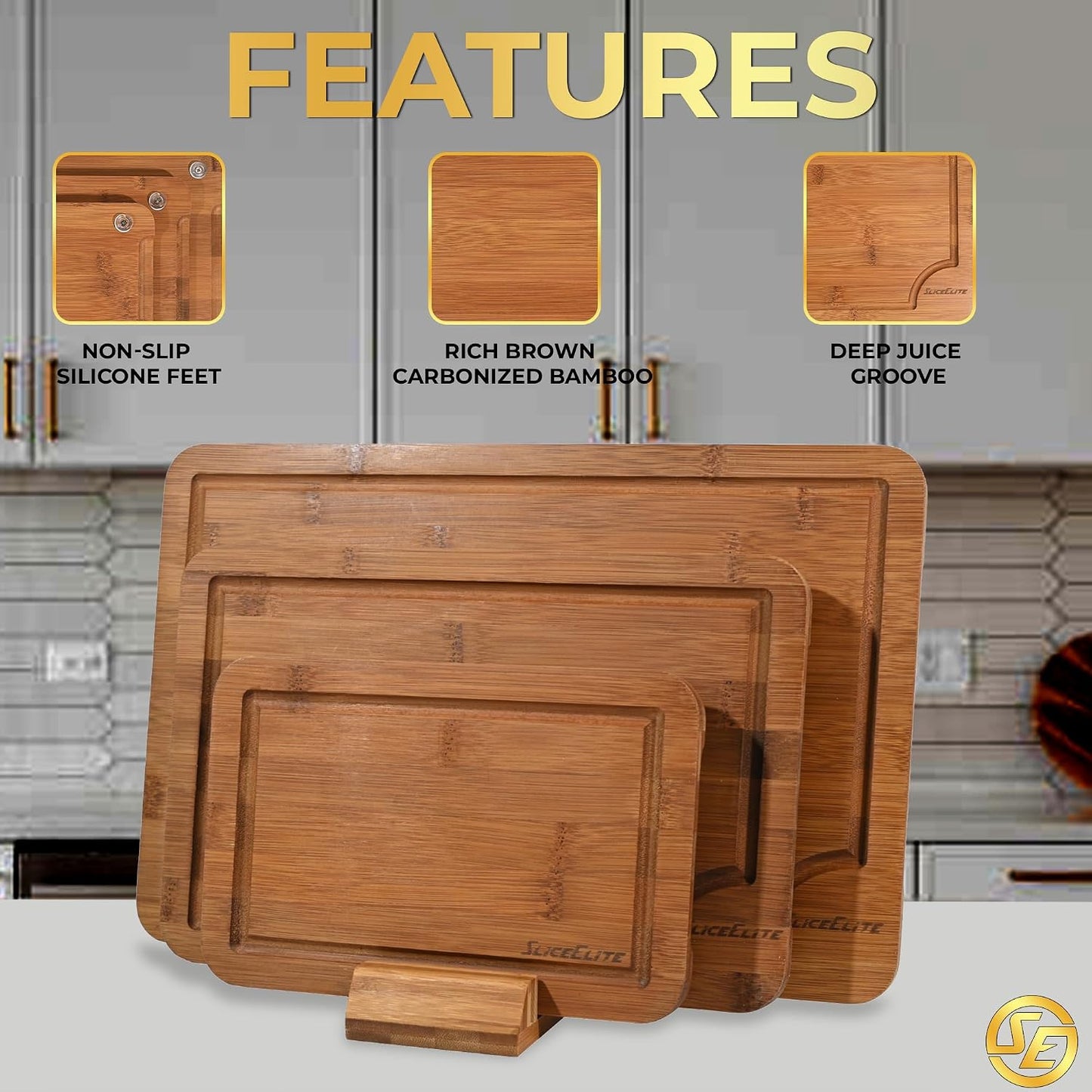 SliceElite Extra Large Bamboo Cutting Board Set 3 Piece End Grain Wooden Chopping Boards with Holder Non Slip Feet Juice Groove XL Butcher Block Style Boards for Kitchen Carving and Serving