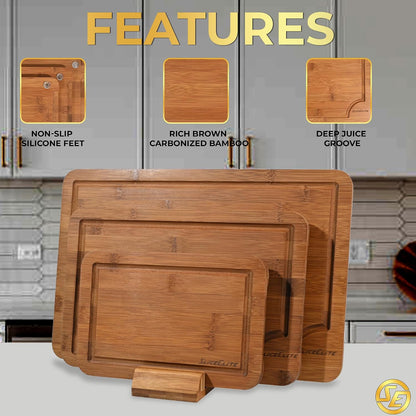 SliceElite Extra Large Bamboo Cutting Board Set 3 Piece End Grain Wooden Chopping Boards with Holder Non Slip Feet Juice Groove XL Butcher Block Style Boards for Kitchen Carving and Serving