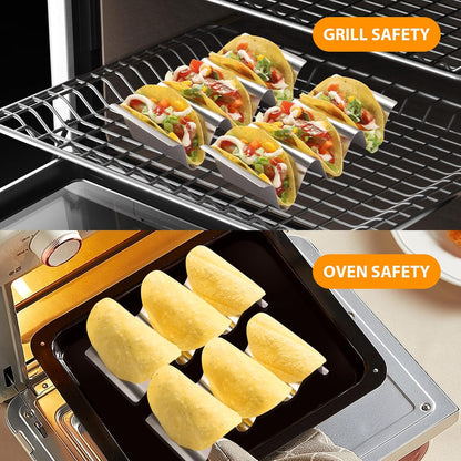 Taco Holder 12 Packs - Stainless Steel Taco Holders set of 12, Oven & Dishwasher & Grill Safe Taco Shell Tray, Each Metal Taco Stands for 3 Tacos, Stylish Taco Rack with Handles