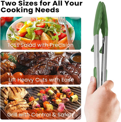 Kitchen Tongs Set of 2 (9” & 12”) – Stainless Steel & Silicone Cooking Tongs with Built-in Stand & Dishwasher Safe – Heat Resistant up to 600°F – Perfect for Grilling, BBQ, Salad & Frying