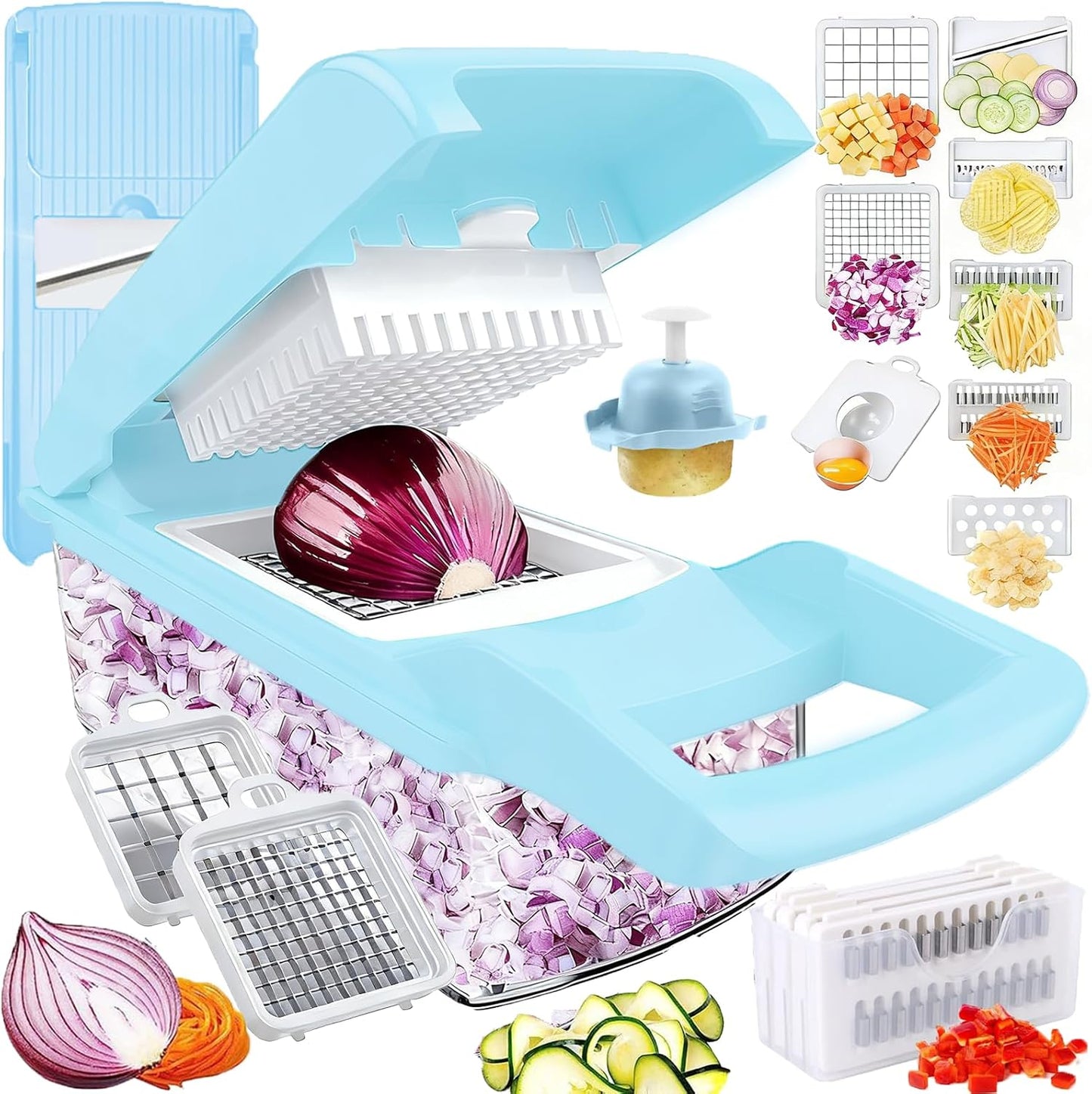 Vegetable Chopper Dicer with Container | Cheese Grater Mandoline Slicer Cabbage Shredder French Fry Cutter Stainless Steel for Veggie Onion Potato Fruit Food, Manual Hand Cooking Gadget for Kitchen