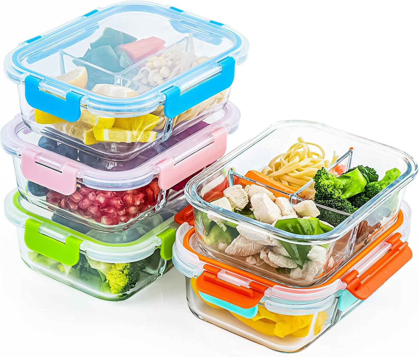UMEIED Glass Meal Prep Containers 2 Compartment with Lids (5 Pack, 36oz), Divided Glass Storage Containers for Lunch at Work, Leak-Proof Portion Control Food Containers, Microwave/Dishwasher Safe