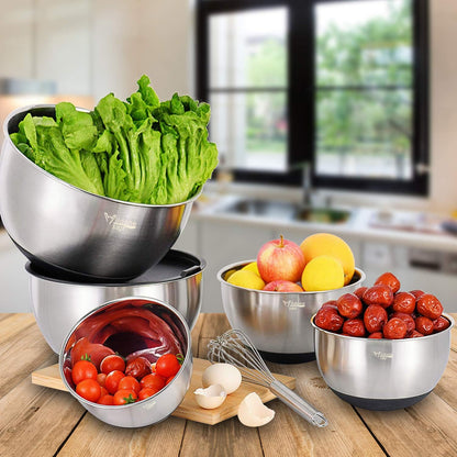 Wildone Mixing Bowls with Airtight Lids Set, 5PCS Stainless Steel Khaki Nesting Bowls for Kitchen, with Grater Attachments & Non-Slip Bottoms, Size 5, 3, 2, 1.5, 0.63 QT, Great for Mixing & Serving