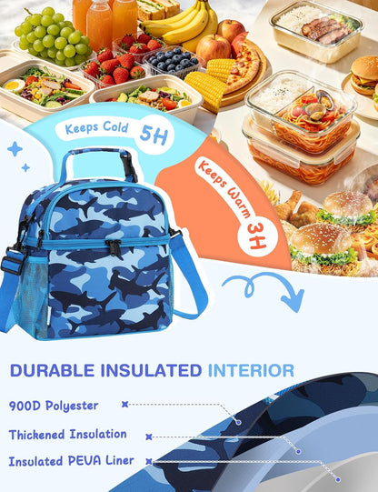 VASCHY Lunch Box Bag for Kids, Insulated Double Compartments Cooler Lunch Tote for Toddlers Boys Girls School/Daycare/Picnic Black Dinos