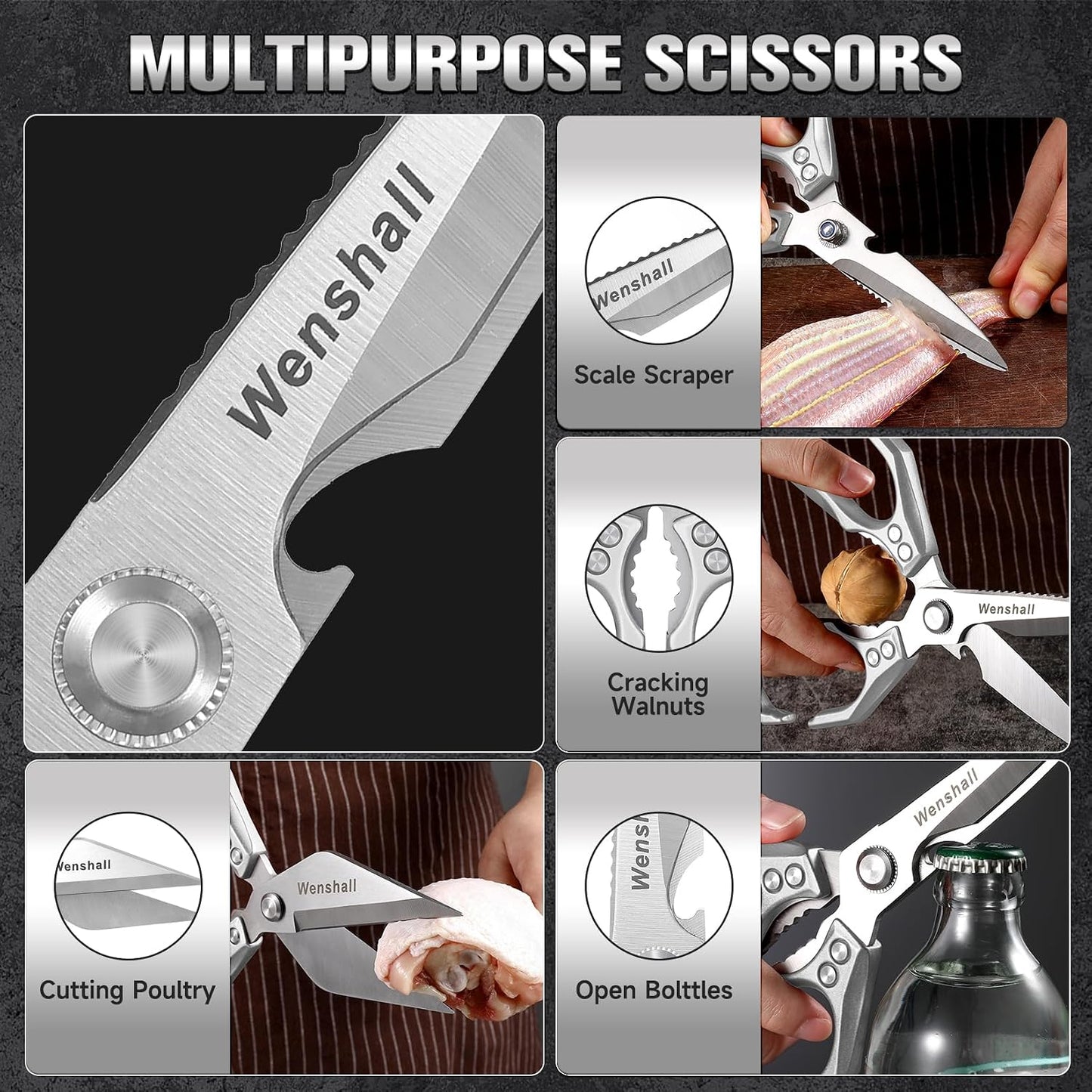 Wenshall 2-Pack Heavy Duty All-Purpose Kitchen Scissors, Japanese Stainless Steel, Kitchen Shears for Cutting Chicken, Poultry, Game, Meat - Chopping Vegetable, Dishwasher Safe,Christmas Gifts（Silver）