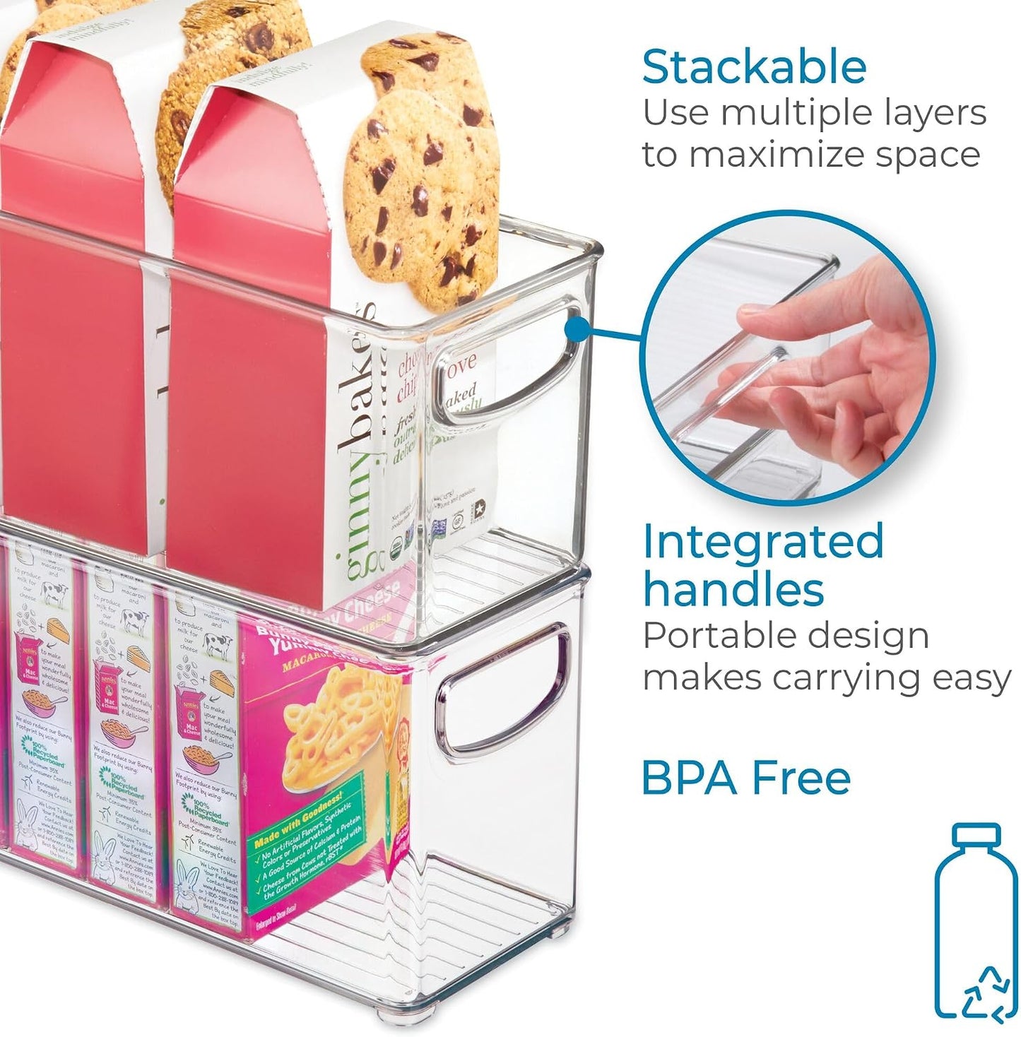 iDesign Plastic Stackable Pantry Bin - Storage Bin with Handles for Cabinets or Fridge - Set of 2 - Clear
