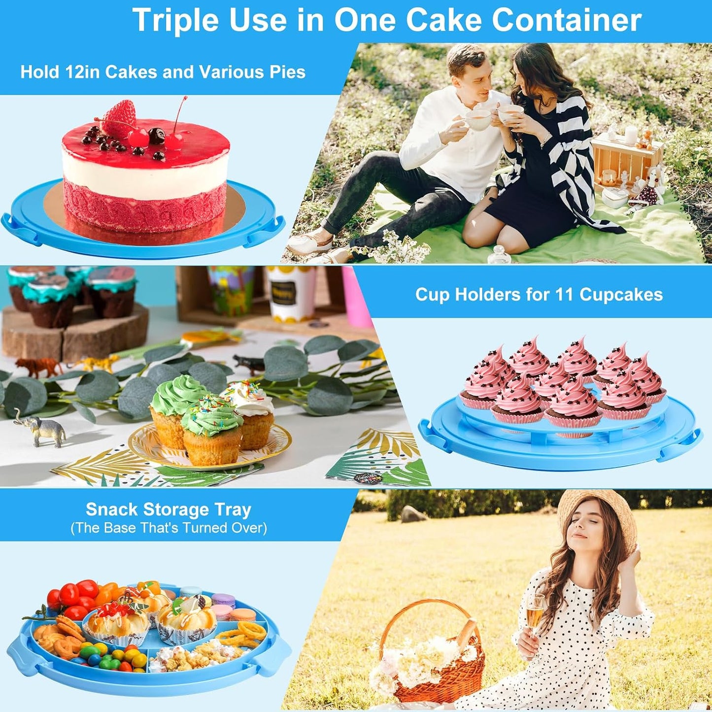 Bundt Cake Carrier, 13.5"Red Cake Carrier with Lid Handle Turntable and Cupcake Holder, Portable Cake Transport Container, Perfect Gifts for Transporting Cakes, Pies, Cupcakes, Nuts, Fruits