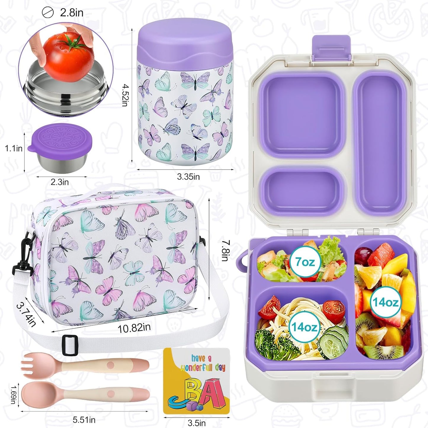 wiwens Bento Lunch Box for Kids with 12oz Soup Thermo Leak-Proof Lunch Food Container with 5 Compartment Thermo Hot Food Jar and Insulated Lunch Bag for Kid Toddler Girls Boys to School