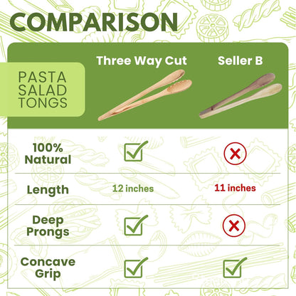 12" Pasta Salad Bamboo Tongs – Natural Wooden Tongs For Cooking & Serving Food, Wooden Kitchen TongsW/Teeth For Pasta Spaghetti Noodles, Salad & Oven Toaster Baking, Heat Resistant Long Wood Tong