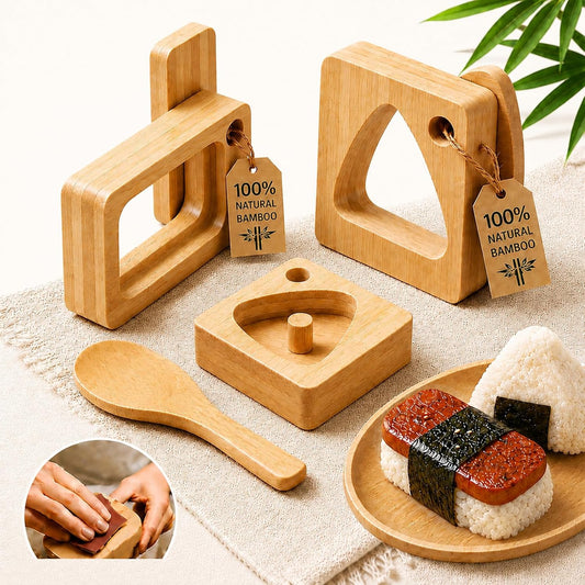 Natural Bamboo Onigiri Mold Set, 4Pcs Japanese Triangle & Musubi Rice Press