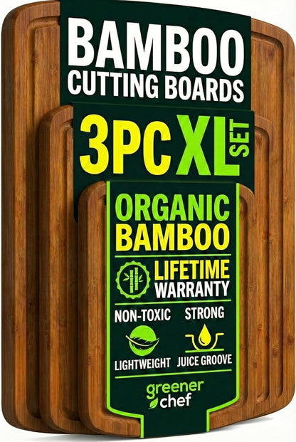 Greener Chef Luxury Wood Cutting Board 3-Piece Set with Vertical Grain Strength Technology - Extra Large Bamboo Cutting Boards for Kitchen with Deep Juice Grooves for Chopping - Lifetime Replacements