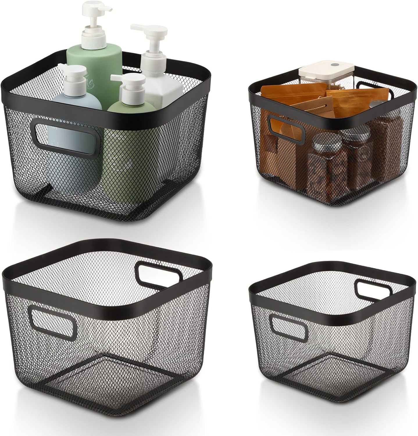 MorningRo 6 Pack Metal Mesh Basket with Hollow Handles Black Wire Storage Bin for Organizing Stackable Metal Fine Mesh Basket for Pantry Bathroom Kitchen Cabinets Shelves (Medium)